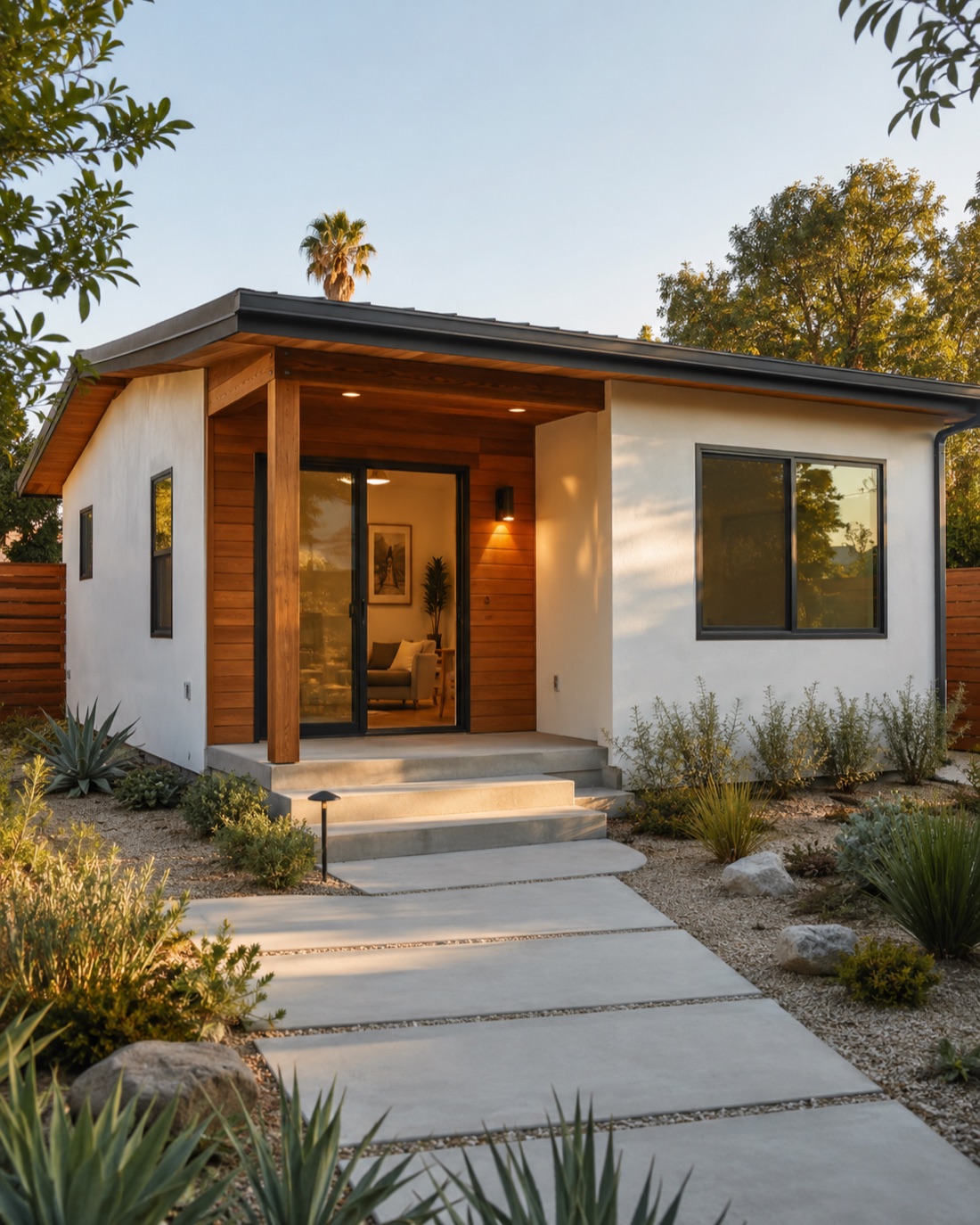 Modern detached backyard ADU with drought-tolerant landscaping in a San Diego backyard at golden hour