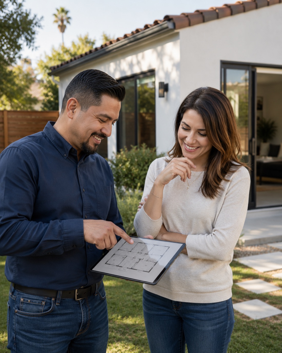 A San Diego ADU builder reviewing project plans on a tablet with a homeowner in their backyard